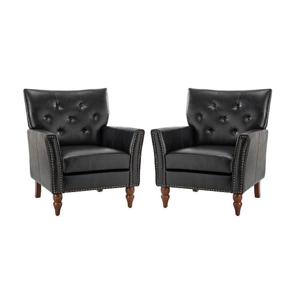 JAYDEN CREATION Enzio Black Vegan Leather Armchair with Nailhead Trim Set of 2