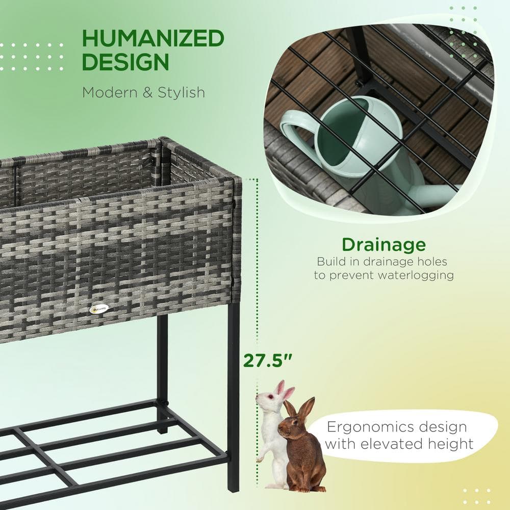 Gray Elevated Rattan Wicker Garden Bed with Metal Frame