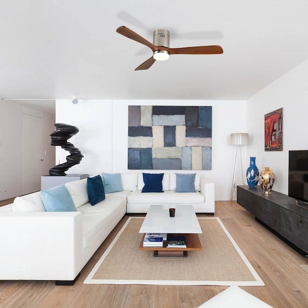 52 in. Nickel Walnut Finish Flush Mount Propeller Integrated LED Ceiling Fan Fixture with Light, 6 Speed and Timer