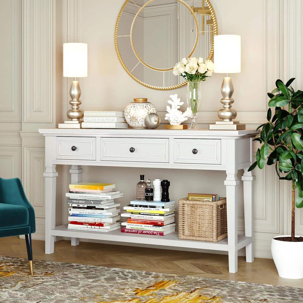 50 in. W Antique White Rectangle Wood Console Table with 3 Drawers and Shelf price history on PriceWatchPro