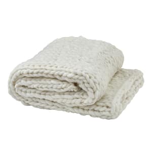 Chunky Knit White Polyester Throw Blanket