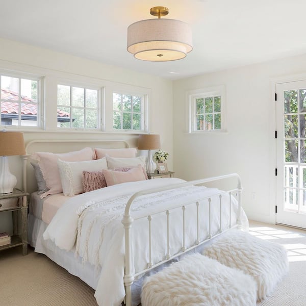 15 in. Stylish Energy-Saving Design Flush-Mount Ceiling Light with Linen-Colored Fabric Lampshades for Living Room