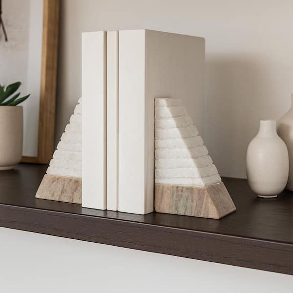 White 4 in. x 6 in. Stone Modern Pyramid Bookends (Set of 2)