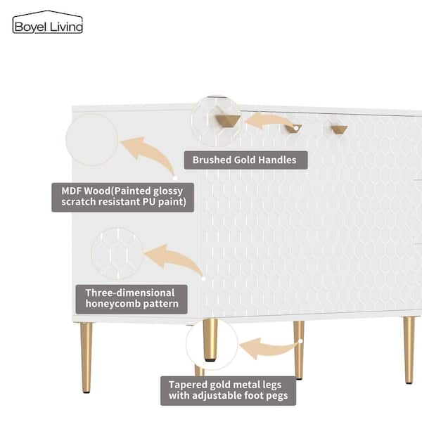 Boyel Living White Honeycomb pattern 3-Drawers Storage Accent Chest with  Golden Stands and Adjustable feet KDCHD-1472A-WH - The Home Depot