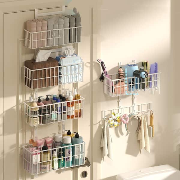 Adjustable White Metal Hanging Door Organizer with 5 Wire Basket 7 Hooks, Wall Mounted Shelf for Pantry Organization