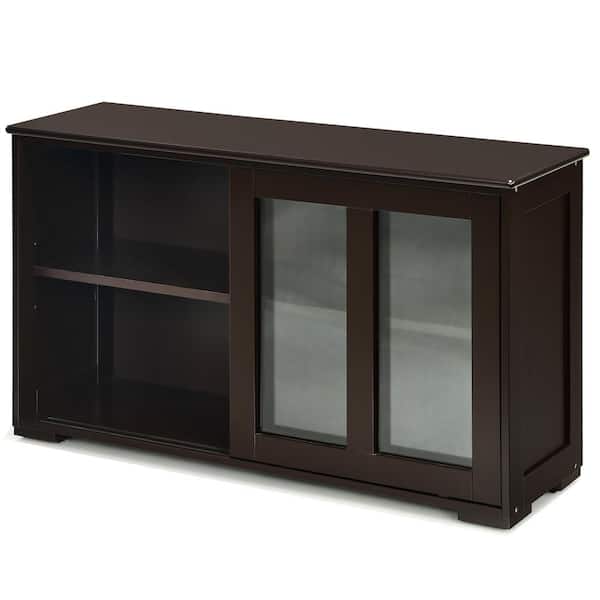 Costway Brown Kitchen Storage Cabinet Sideboard Buffet Cupboard with Sliding Door