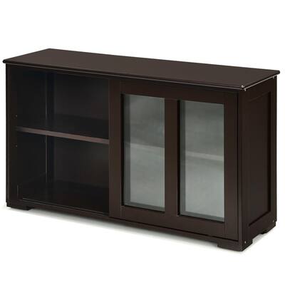 Costway Brown Kitchen Storage Cabinet, Sliding Tempered Glass Doors Stackable Storage Cabinet