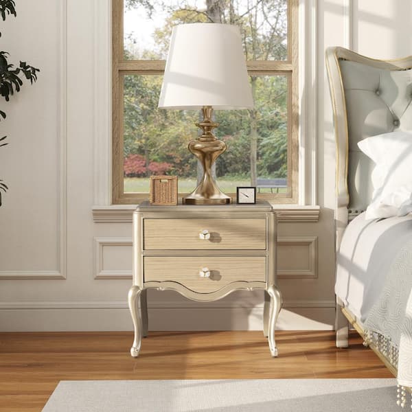 Jennifer Taylor JTH LUXE Helena 25 in. 2-Drawer Square Wood Storage Side Table in Natural Birch Brown & Soft Gold