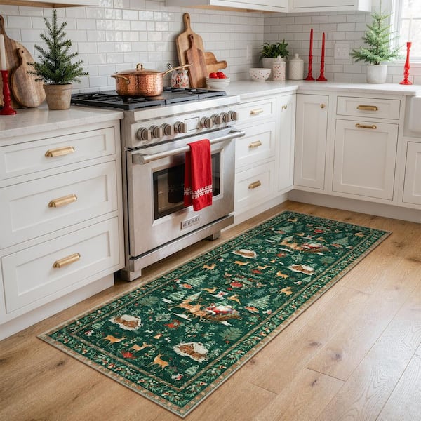 2 ft. x 6 ft. Green Holiday Woodland Washable Runner Rug
