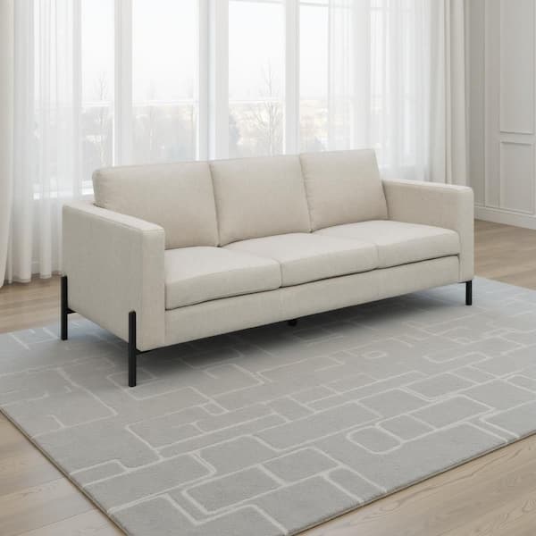Benjara Zoya 82 in. Wide Square Arm Fabric Rectangular Herringbone Design Sofa in Oatmeal Beige