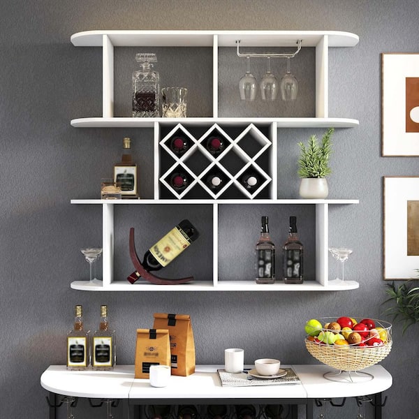 TENGYA LLC 47.24 in. W x 9.06 in. D White Decorative Wall Shelf,Multifunctional Wooden Wall Mounted Wine Rack for Dining Room Decor