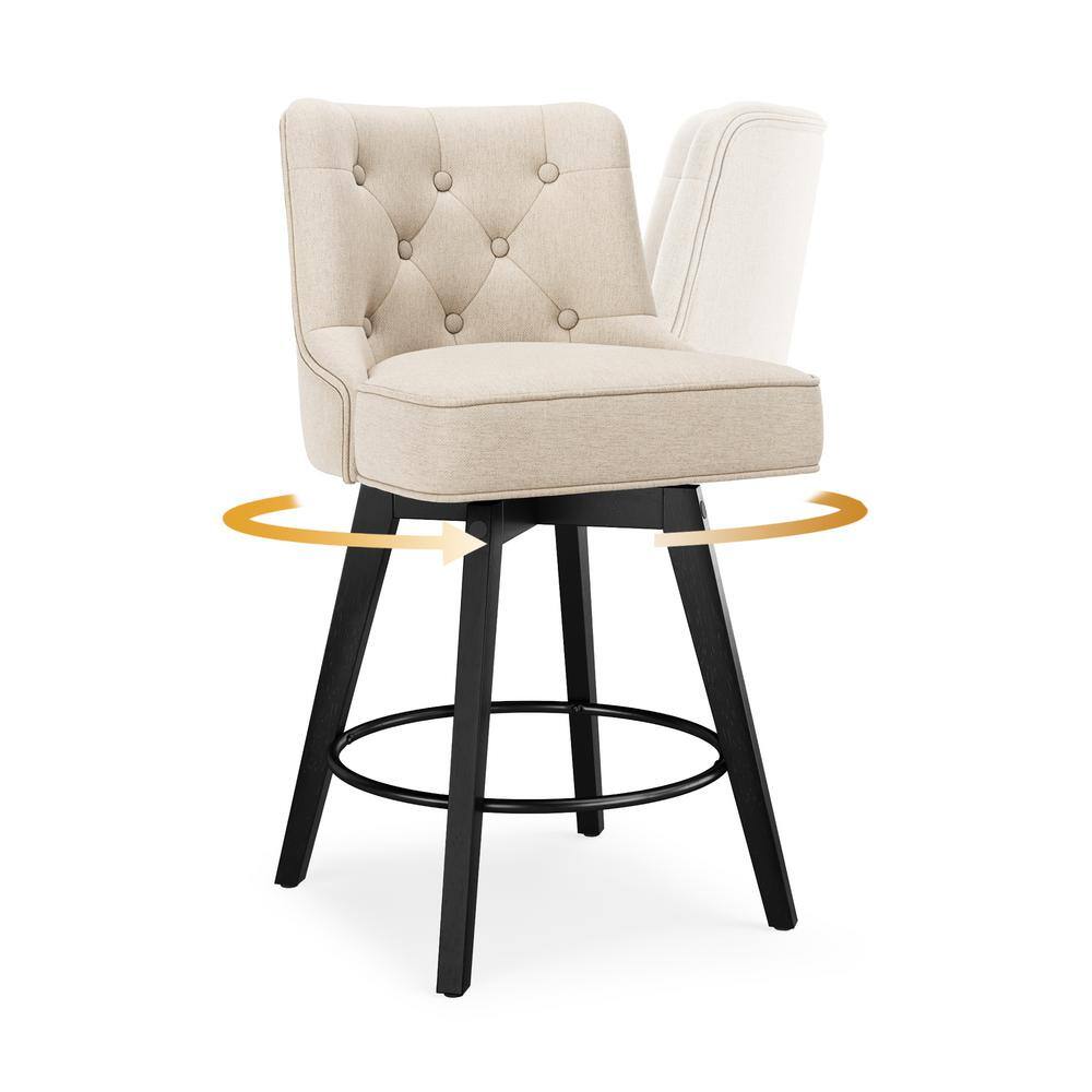Beige Linen Upholstered Swivel Counter Stool with Solid Wood Frame