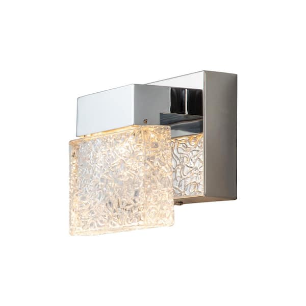 C Cattleya 6.5 in. 1-Light Chrome Stainless Steel LED Bathroom Vanity Light Wall Sconce with Clear Ice-Like Brick Glass