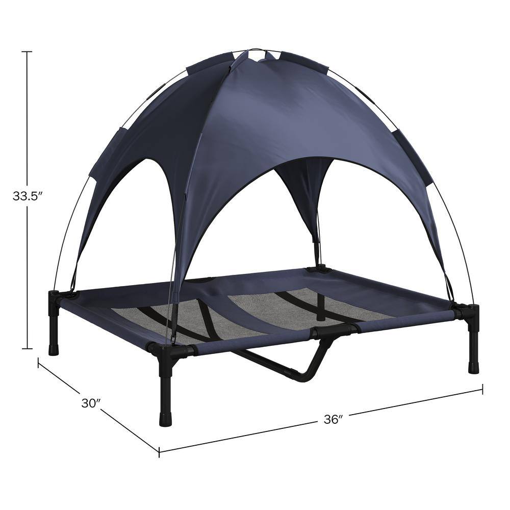Large Navy Blue Elevated Outdoor Waterproof Dog Bed with Canopy