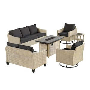 Oconee Beige 6-Piece Wicker Outdoor Patio Conversation Sofa Loveseat Set with a Fire Pit and Black Cushions