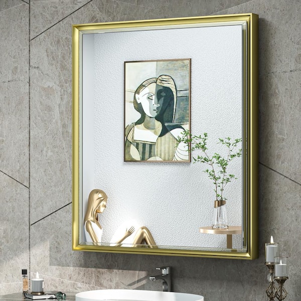 KeonJinn 26 in. W x 30 in. H Rectangular Gold Aluminum Alloy Framed Recessed/Surface Mount Medicine Cabinet with Mirror
