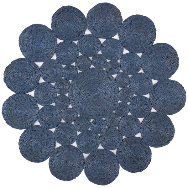 SAFAVIEH Natural Fiber Navy 3 ft. x 3 ft. Woven Floral Round Area Rug
