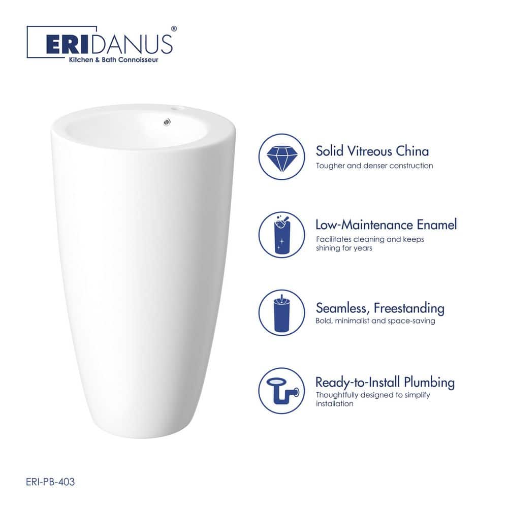Glossy White Ceramic Round Pedestal Bathroom Sink with Overflow