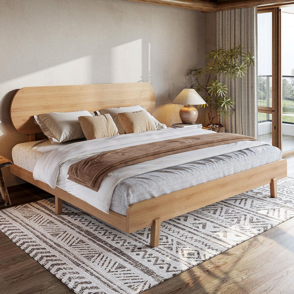 Natural Yellow Solid Bamboo Bed Frame King Size Platform Bed with Headboard, Wood Slat Support price history on PriceWatchPro