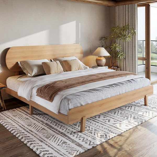 Natural Yellow Solid Bamboo Bed Frame King Size Platform Bed with Headboard, Wood Slat Support