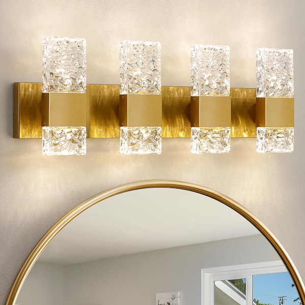 KAISITE 28.3 in. 4-Light Brushed Gold LED Vanity Light with Crystal ...