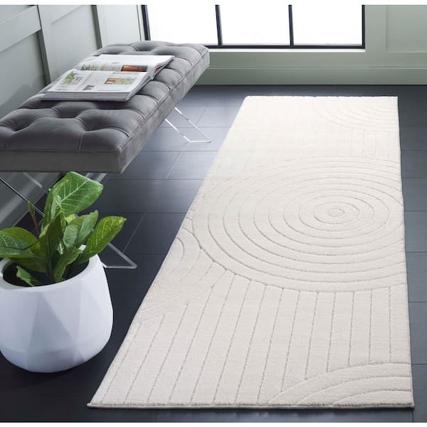 Versailles 3 ft. x 8 ft. Ivory Minimalist Concentric Arc Washable Runner Rug