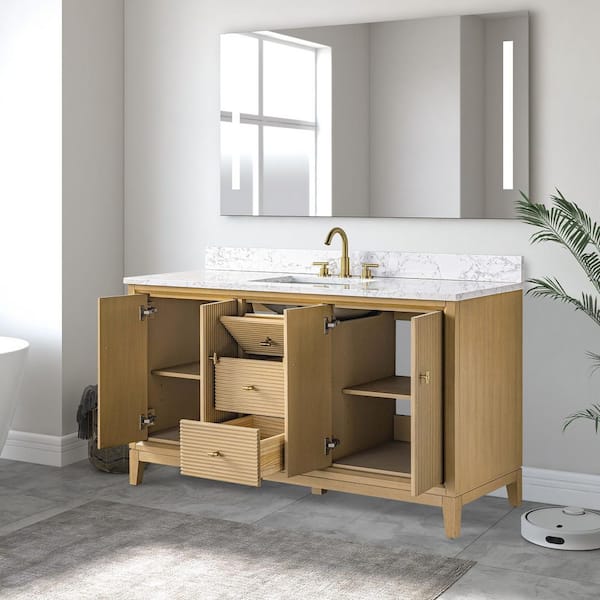60 in. W x 34 in. H Single Sink Natural Oak Bath Vanity Cabinet with Arabescato White Engineered Marble Top