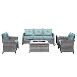 Emily 5-Piece Wicker Patio Gas Fire Pit Conversation Set with Celadon Cushions
