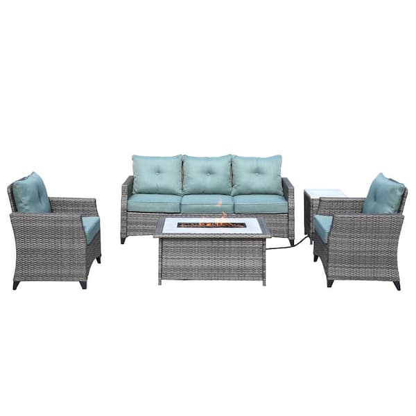 DIRECT WICKER Emily 5-Piece Wicker Patio Gas Fire Pit Conversation Set with Celadon Cushions
