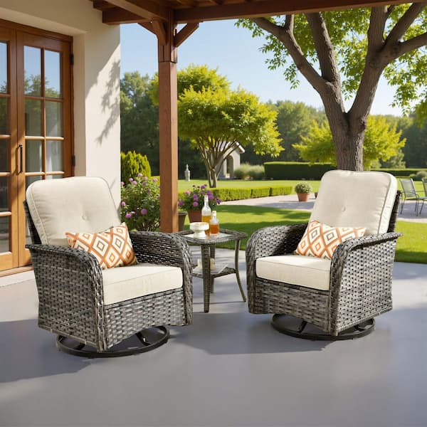 Noah Gray 3-Piece Wicker Outdoor Patio Conversation Furniture Set with Swivel Chairs, Side Table, Beige Cushions