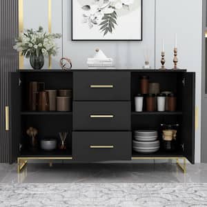 Black Wood Sideboard with 2 Storage Cabinet, 3 Drawers and Adjustable Shelves for Kitchen Dining Room