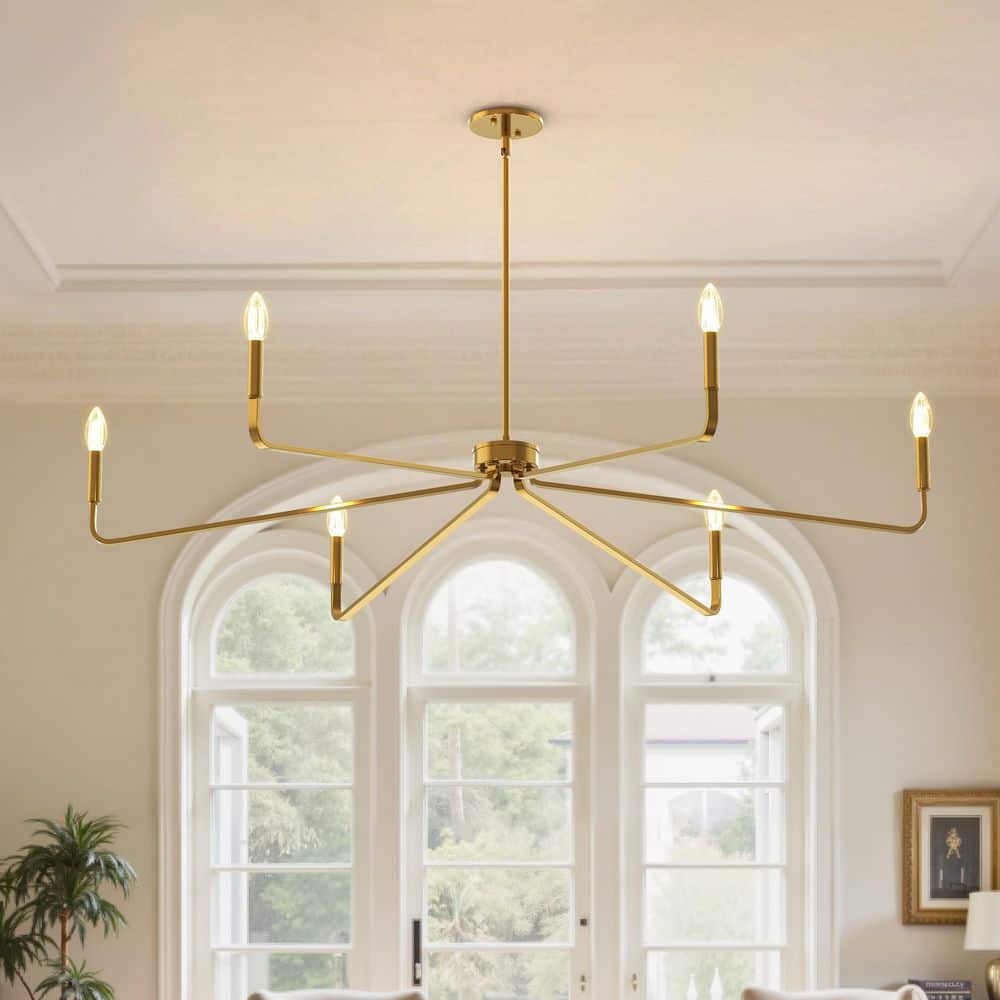 YANSUN 6-Light Gold Farmhouse Chandelier, Brushed Brass Candle