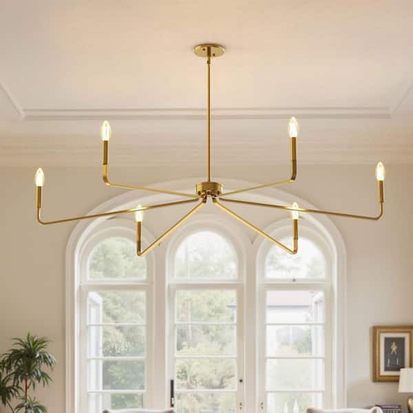 6-Light Gold Farmhouse Chandelier, Brushed Brass Candle Light Fixture for Dining Room, Kitchen Island, Living Room
