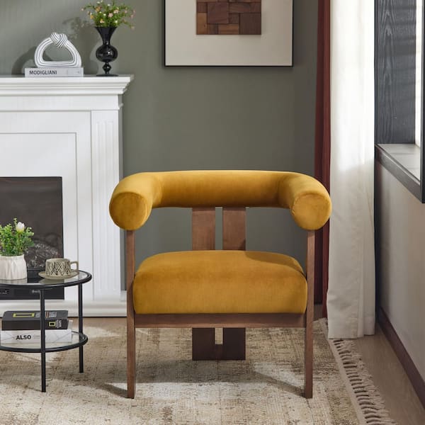 CHRISTOPHER KNIGHT HOME Ralis Modern Upholstered Velvet Accent Arm Chair, Wood, Mustard Yellow Plus Walnut