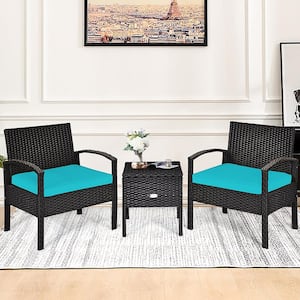 3-Pieces Wicker Patio Conversation Set 2-People Rattan Sofa Seating and Coffee Table Group Outdoor Set w/ Blue Cushions