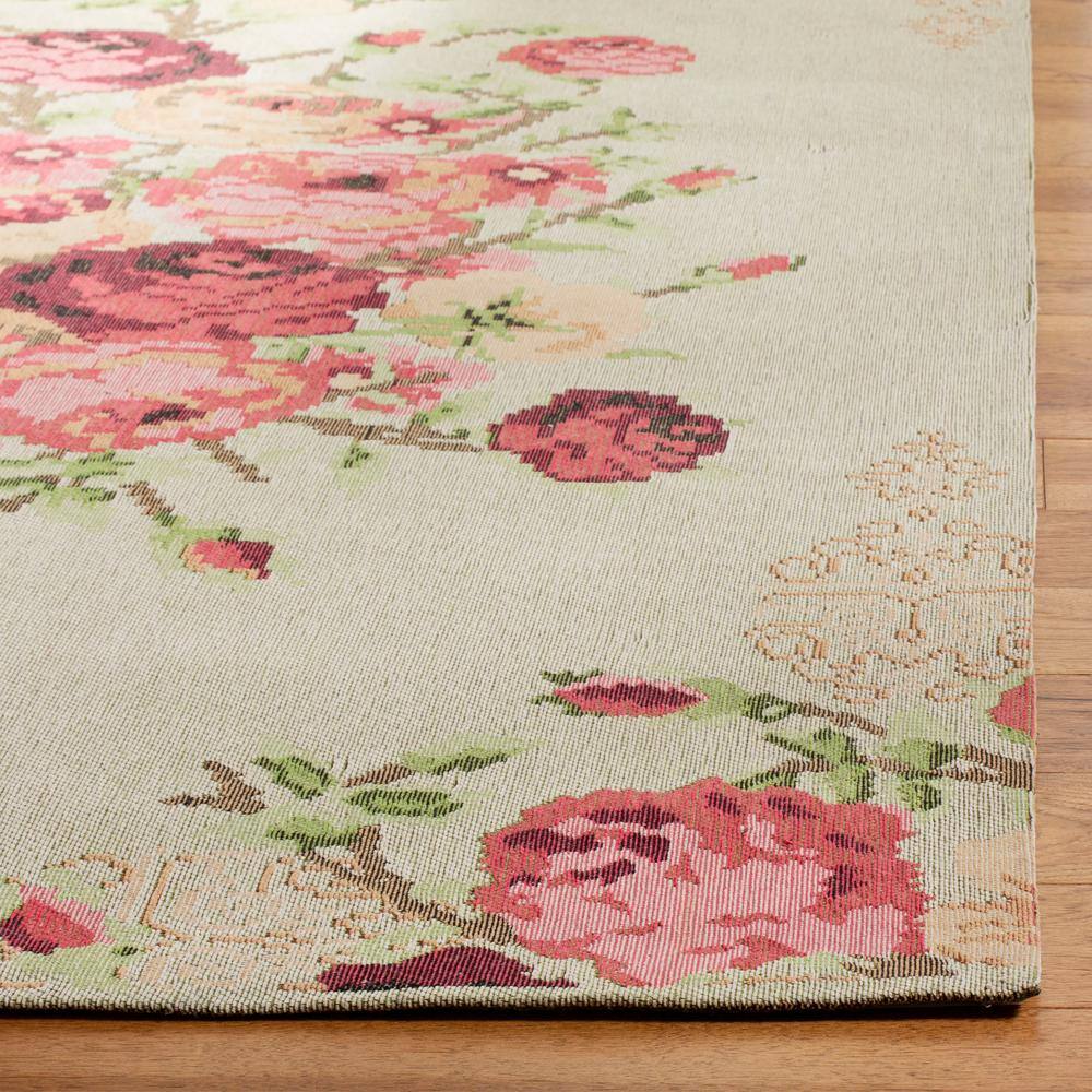 Beige and Red Floral Cotton Low Pile Area Rug