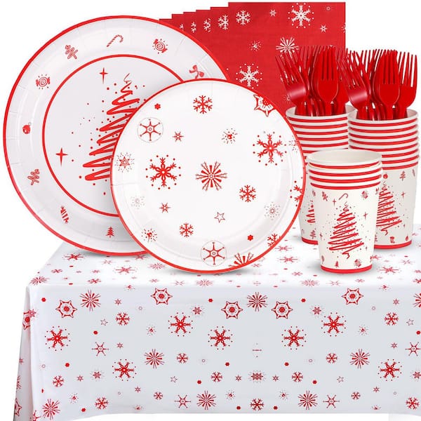 121pcs Christmas Tableware Set in Festive Holiday Design with Disposable Plates, Cups, Napkins, Forks (Service for 24)