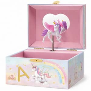 Unicorn Series Letter A Pink Musical Jewelry Box with Spring-Loaded Unicorn Spinning Doll for Girls, 1 Piece