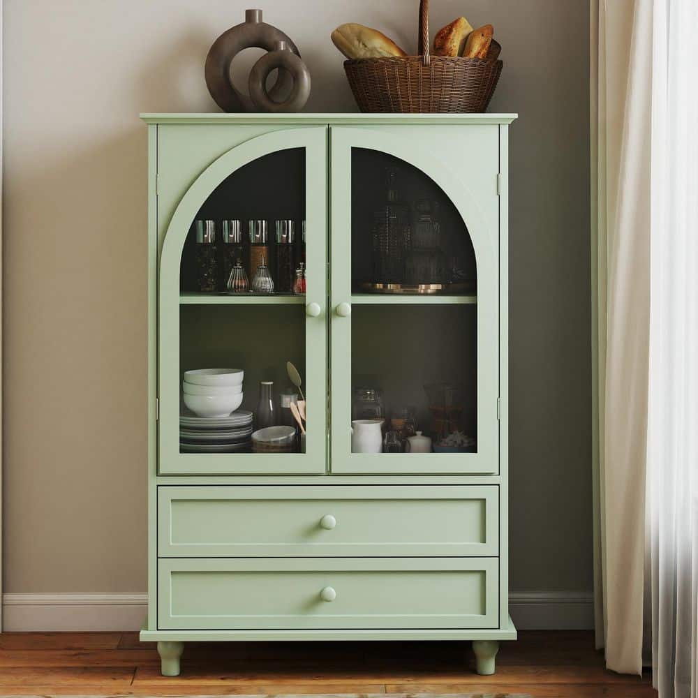 41.93 in. H Green Arched Glass Door Engineered Wood Buffet with Tiered Top& 2 Drawers, Pantry for Kitchen Living Room