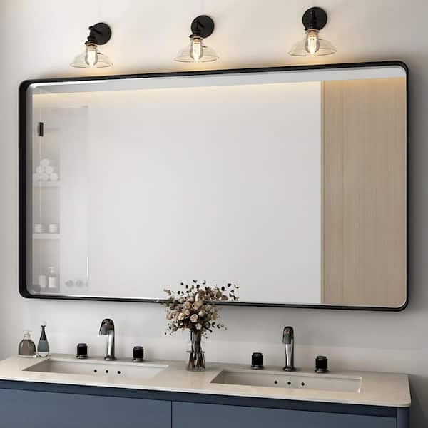 TOOLKISS 60 in. W x 28 in. H Rectangular Aluminum Framed Wall Bathroom Vanity Mirror in Black