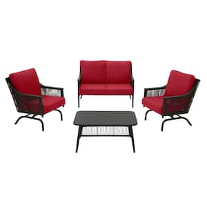 Bayhurst 4-Piece Black Wicker Outdoor Patio Conversation Seating Set with CushionGuard Chili Red Cushions