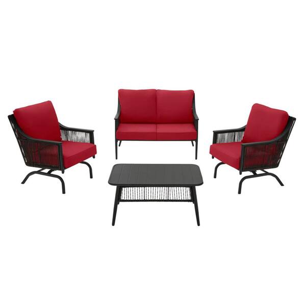 Hampton Bay Bayhurst 4 Piece Black, Black Wicker Outdoor Furniture With Red Cushions