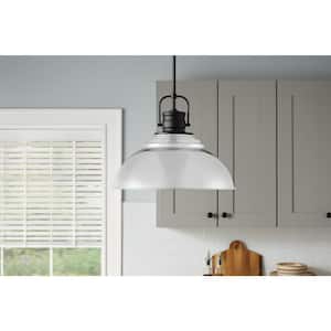 Shelston 16 in. 1-Light Chrome and Black Farmhouse Pendant Light Fixture with Metal Shade