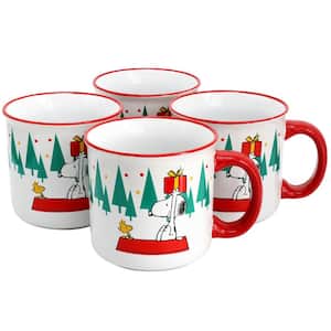 Snoopy and Woodstock 4-Piece 21oz Stoneware Christmas Tree Mug Set in Red and Multi