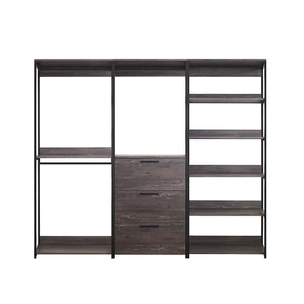 Klair Living Monica 96 in. W Rustic Gray Freestanding 3 Tower System 7 -Shelf Walk in Wood Closet System with Metal Frame