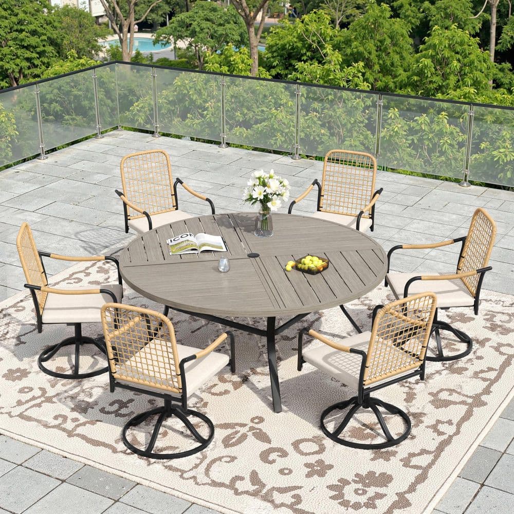 7-Piece Metal Outdoor Dining Set with 53.1 in. Gray Wood-Like Round Table and 6 Swivel Wicker Chairs with Beige Cushions price history on PriceWatchPro