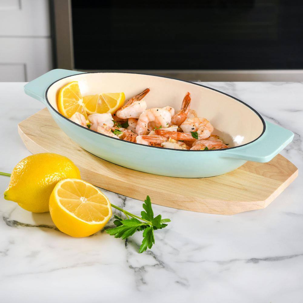 Oval Blue Cast Iron Casserole with Birch Wood Trivet
