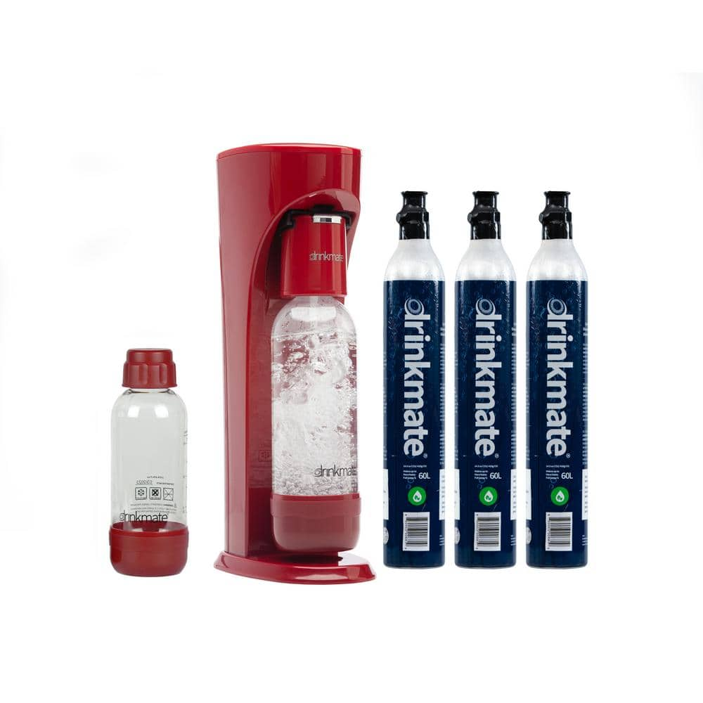 DrinkMate Royal Red Sparkling Water, Soda Maker Machine Ultimate Bundle with 3 ea 60L CO2 Cartridge, 1L and 0.5L Re-Usable Bottles