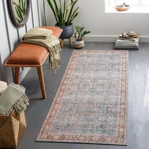 Thompson Light Blue/Brown 3 ft. x 7 ft. Indoor Machine-Washable Area Rug