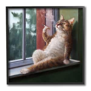 "House Cat Smoking Lounging in Window Pane" by Lucia Heffernan Framed Animal Wall Art Print 12 in. x 12 in.